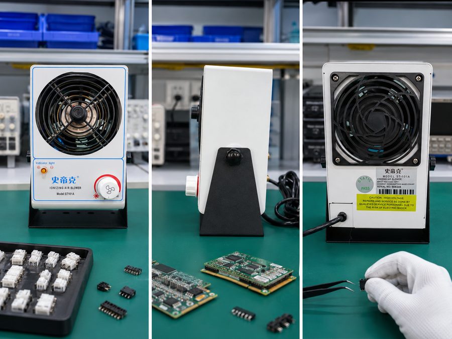 DGSDK desktop ionizing air blower for ESD control at assembly workbenches — compact static eliminator fan for electronics manufacturing