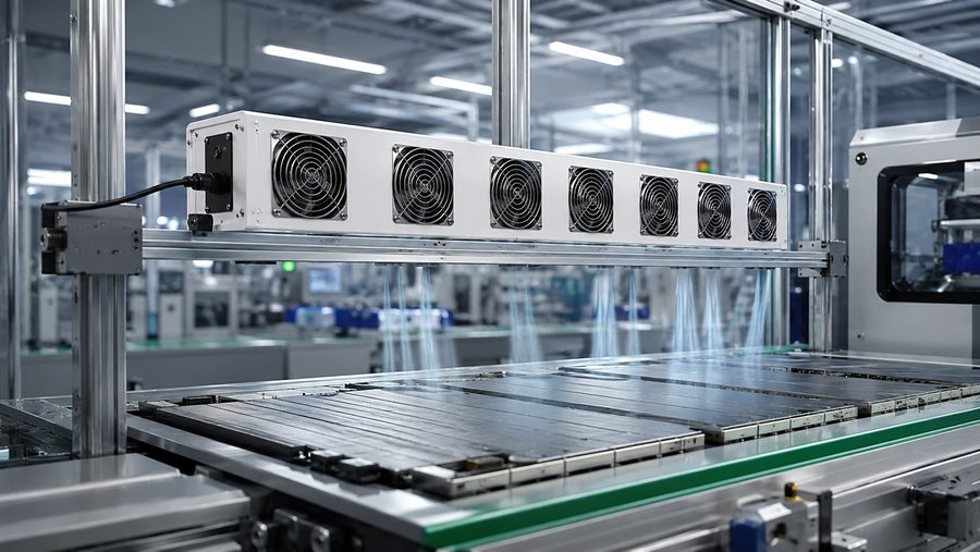 Industrial ionizing fan array over display panel conveyor for ESD control for electronics manufacturing