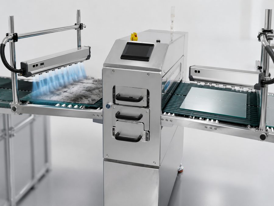 DGSDK ionizing bar removing dust particles from display panel on conveyor — before and after static elimination