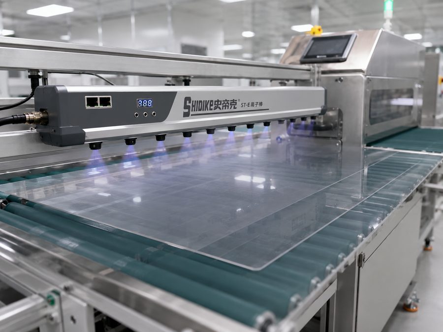DGSDK ST-E intelligent ionizing bar in action over glass panel on conveyor in display manufacturing cleanroom