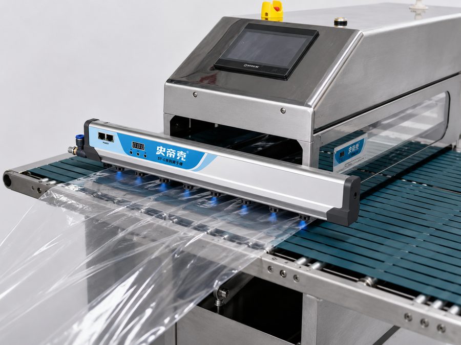 DGSDK ionizing bar neutralizing static on plastic film — ions spread the charged film flat on the conveyor, used in packaging and film processing