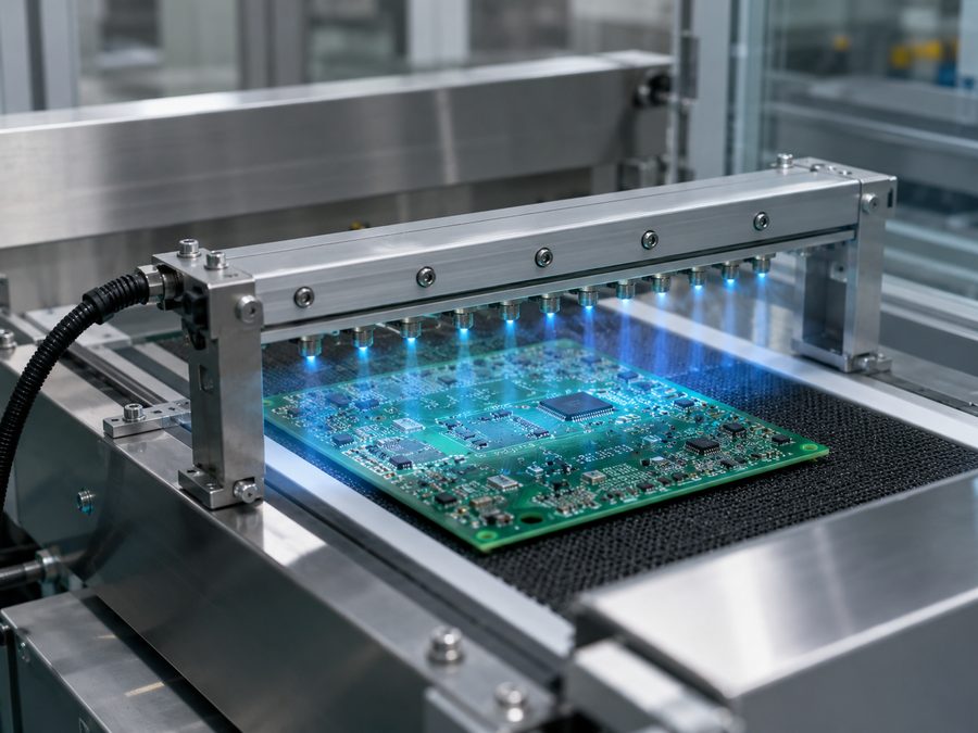 Ionizing bar with blue corona discharge neutralizing static charge on PCB in electronics manufacturing